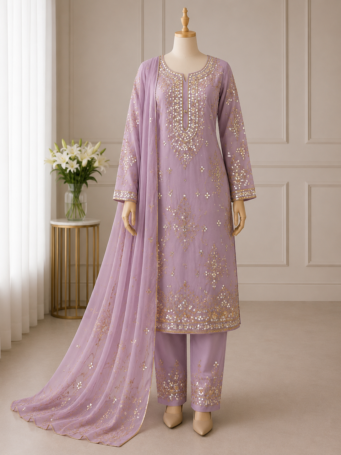 Pink Premium Pressed Gota Work 2-Piece (Shirt and Dupatta)
