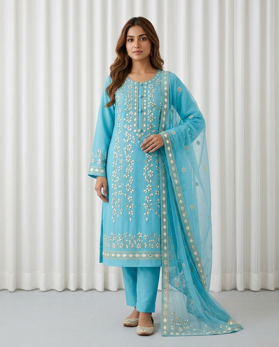 Premium Sky Blue Pressed Gota Work 2-Piece