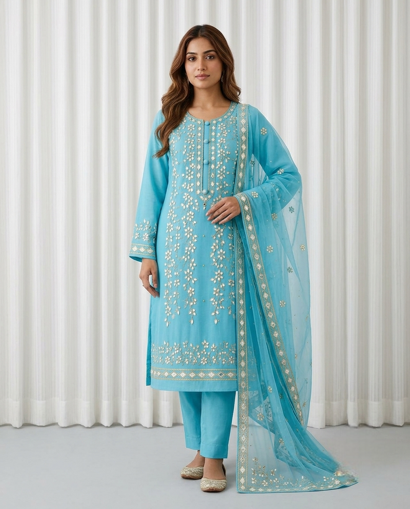 Premium Sky Blue Pressed Gota Work 2-Piece