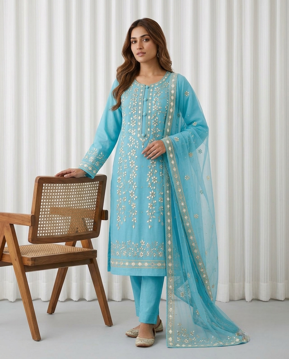 Premium Sky Blue Pressed Gota Work 2-Piece