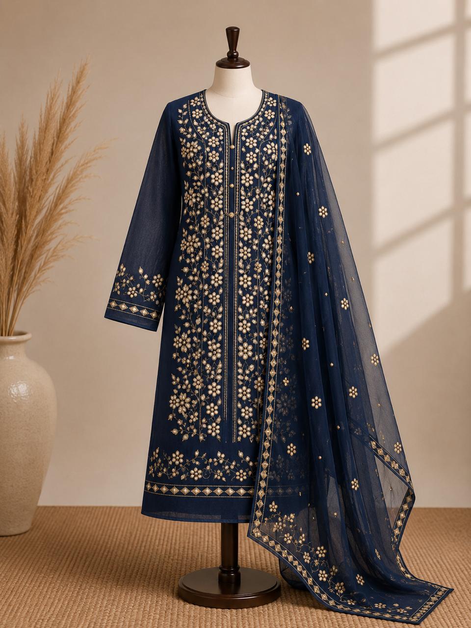 Premium Dark Blue Pressed Gota Work 2-Piece