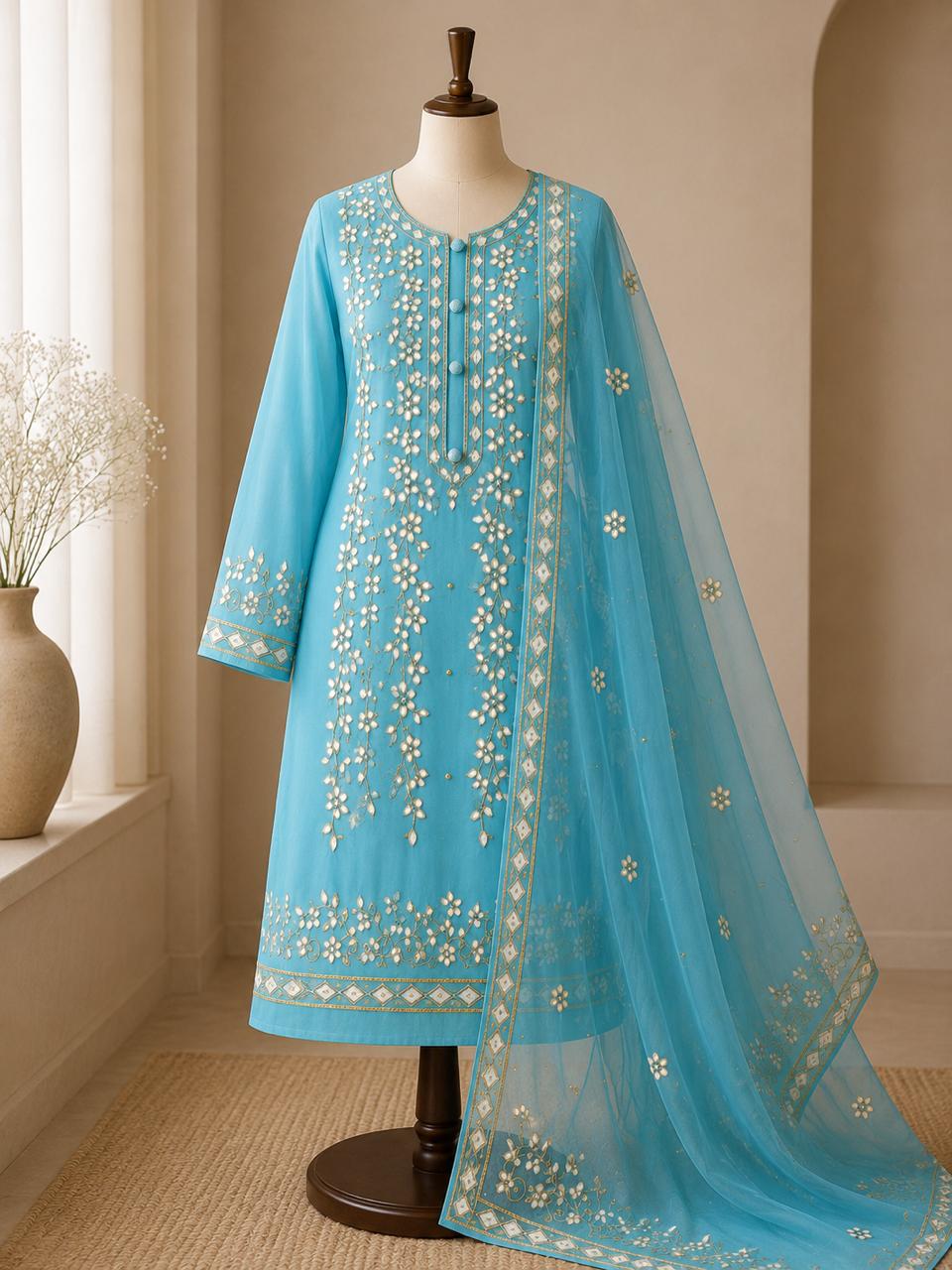 Premium Sky Blue Pressed Gota Work 2-Piece